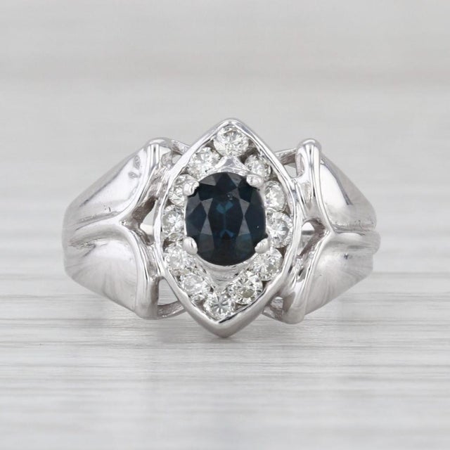 0.82ctw Blue Sapphire Diamond Halo Ring 18k White Gold Size 3.5 Engagement For Sale - Image 4 of 7