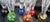 Very nice set of 6 cordials, each with a different colored controlled bubble base - violet, orange, green, blue, red and...