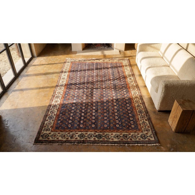 Formidable Royal Blue Background With Linear Rows of Flowers Houndstooth Pattern Antique Persian Rug For Sale - Image 10 of 10