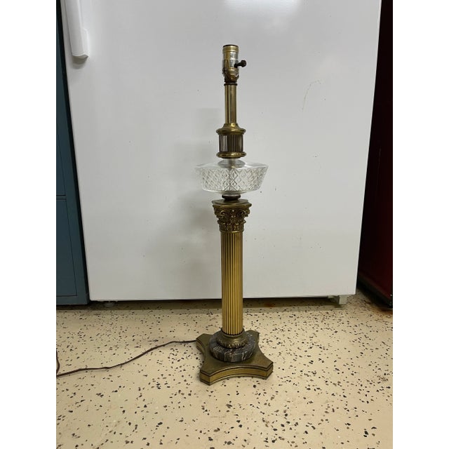 Metal Brass and Marble Corinthian Column Spirit Lamp With Glass Font For Sale - Image 7 of 7