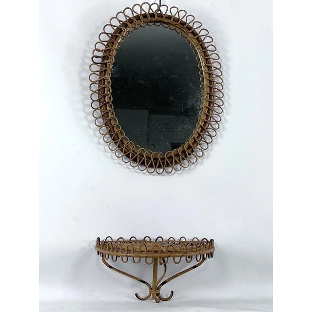 Mid-Century Italian Shelf Console Table with Wall Mirror in Rattan and Bamboo, 1960s, Set of 2 For Sale - Image 13 of 13
