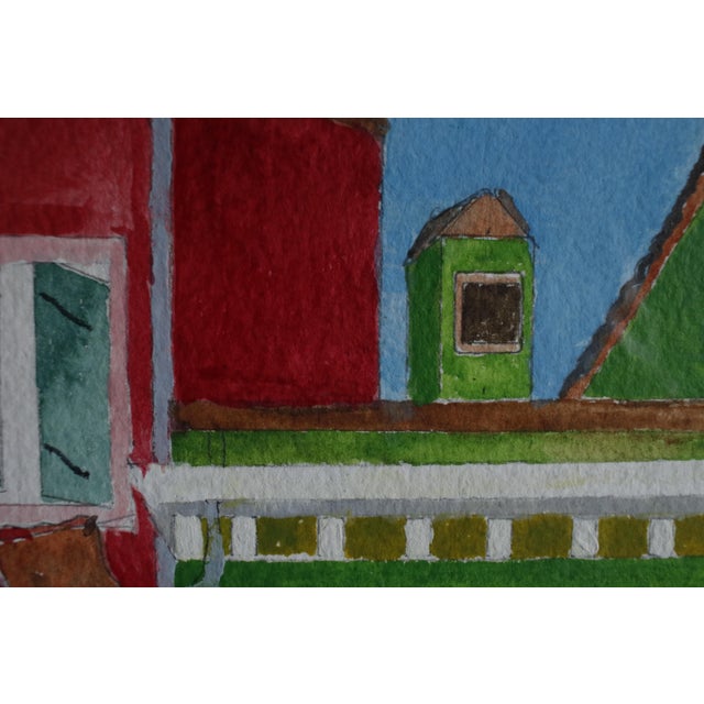 Mid-Century Style Signed Framed Expressionist Watercolor - Burano Canal Houses For Sale - Image 4 of 16