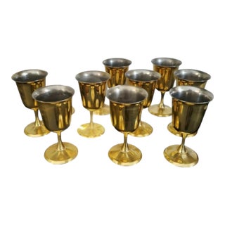 Mid 20th Century Brass Wine Goblets With Silvered Interiors, Set of Nine For Sale