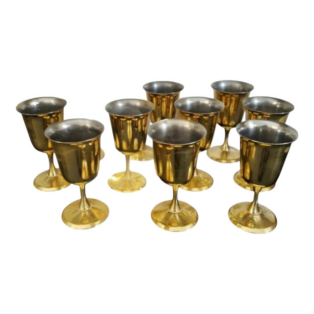 Mid 20th Century Brass Wine Goblets With Silvered Interiors, Set of Nine For Sale
