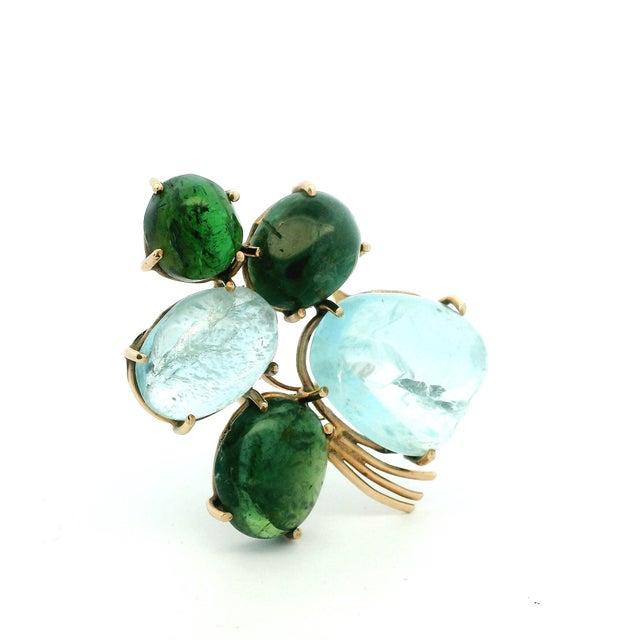 Modern Italian Mid-Century Aquamarine & Green Tourmaline Floral Brooch in 14k Gold For Sale - Image 3 of 17