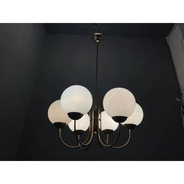 Opaline Glass and Brass Chandelier, 1950s For Sale - Image 3 of 10