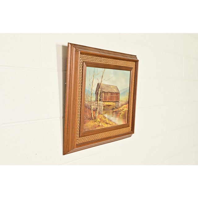 Original Artist Signed Oil Painting on Canvas Rural Landscape of "Covered Bridge" in Carved Walnut and Woven Rattan Frame For Sale - Image 4 of 14