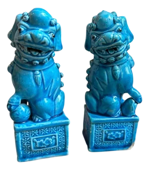 Set of 2, 1970s Blue Foo Dog Guardian Lion Ceramics Set