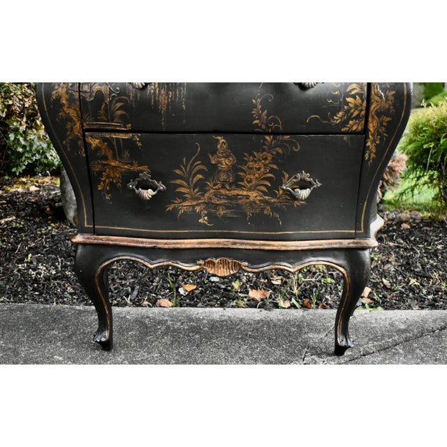 Black Antique Petite Bombe 2 Drawer Italian Chinoiserie Black Gold Commode For Sale - Image 8 of 13