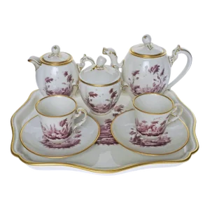 Late 20th Century Ginori Tête-à-Tête Coffee Demitasse Set With Tray Porcelain Italy Doccia Paesaggi Rossi Style Purple Landscape- 6 Pieces