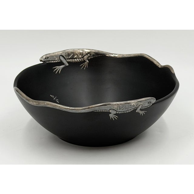 Mexican 1980s Emilia Castillo Pure Silver Lizard & Black Porcelain Bowl, Mexican Silver Art For Sale - Image 3 of 18