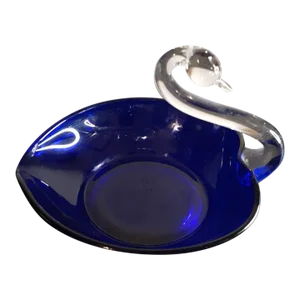 1970s Cobalt Blue Art Glass Swan Trinket Holder