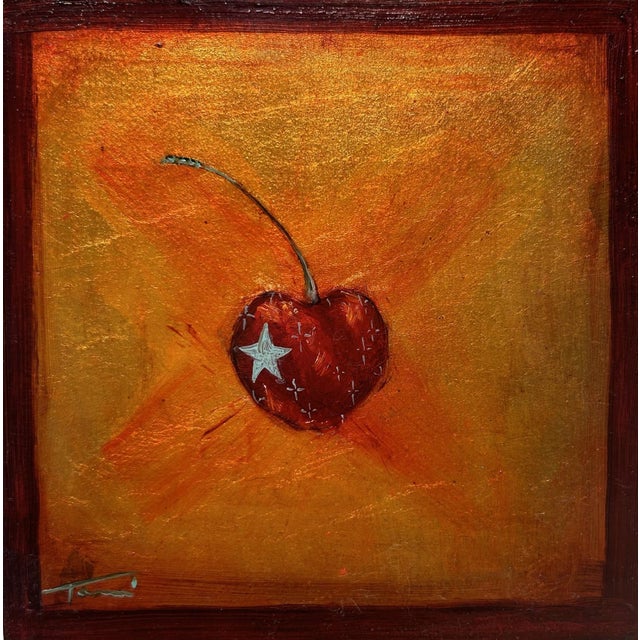 This small oil on board painting features a single cherry against a warm, glowing background. The cherry, adorned with a...