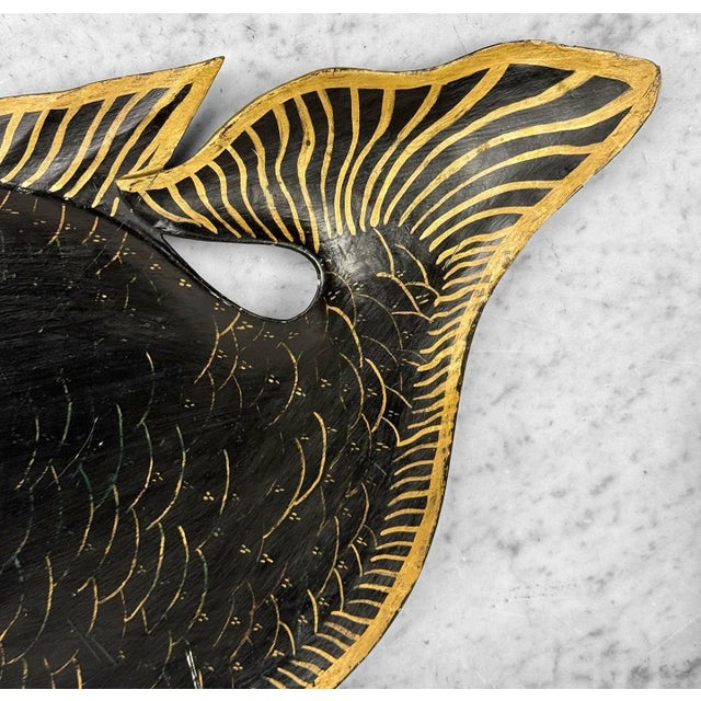 Wood Antique Coastal Folk Art Black Lacquered Wood Fish Serving Platter - 22" For Sale - Image 7 of 9