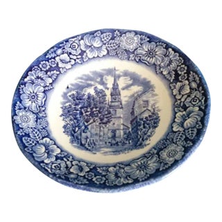 Antique Small Blue & White Dish ~ English Colonial Scene "Old North Church" Saucer For Sale