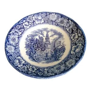 Antique Small Blue & White Dish ~ English Colonial Scene "Old North Church" Saucer