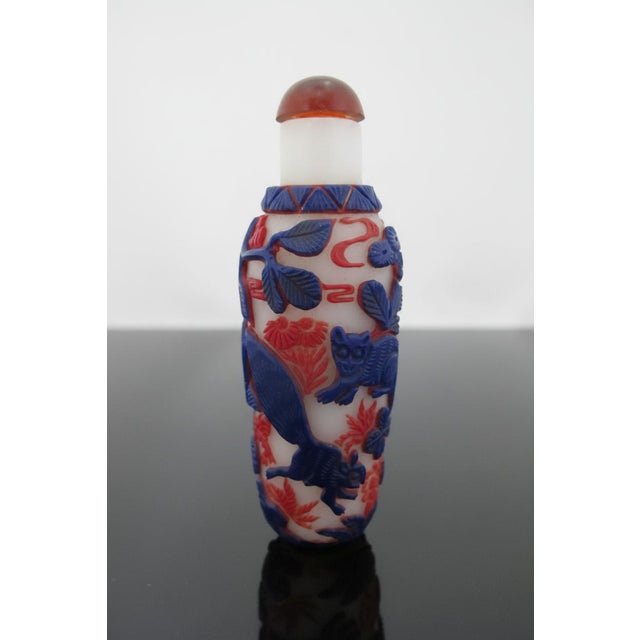 Chinese Animal & Bird Carved Overlay Red & Blue Peking Glass Snuff Bottle For Sale - Image 11 of 14