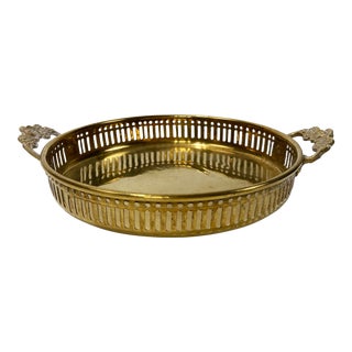 Vintage Pierced Brass Rosette Handled Tray For Sale