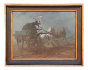 Mid 19th Century Horse Drawn Wagon Landscape Oil Painting