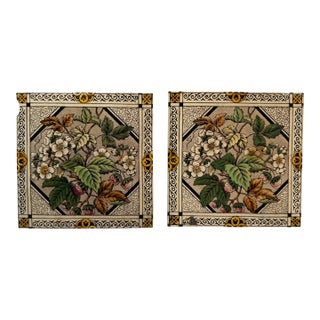 Late 19th Century, Antique, English, Glazed Ceramic Tiles With Polychrome Transfer Decoration, Set of 2 For Sale