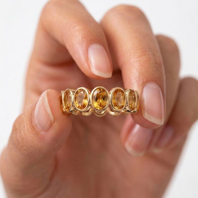 Contemporary Dainty Stackable Citrine Eternity Band Ring | 18k Gold Plated Handmade Gemstone Ring Us 7 For Sale - Image 3 of 4