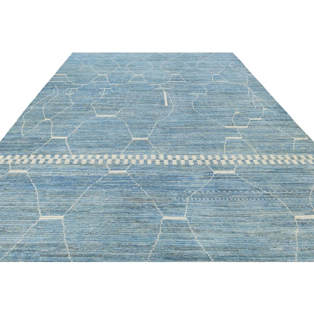 Modern Abstract Moroccan Style Wool Rug in Azure Blue and White, Hand-Knotted For Sale In New York - Image 6 of 11