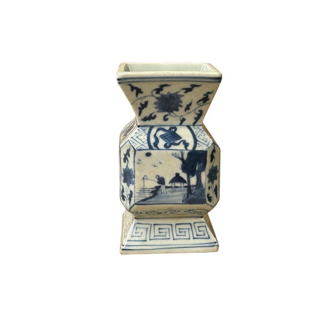 1990s Vintage Pale Blue White Scenery Graphic Square Porcelain Vase For Sale - Image 5 of 9