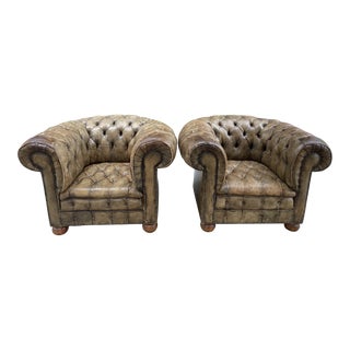Pair of English Tufted Leather Chesterfield Chairs For Sale