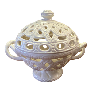 20th Century Creamware Pottery Reticulated Covered Bowl