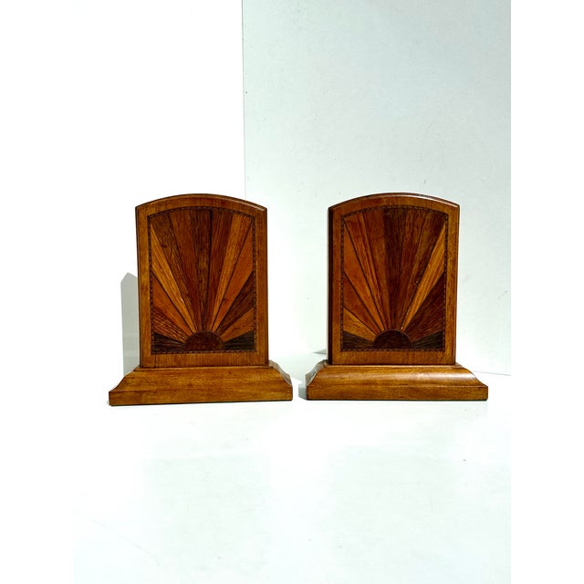 Vintage Art Deco Wooden Bookends with Sunburst Inlays, Germany, 1930s, Set of 2 For Sale - Image 15 of 16