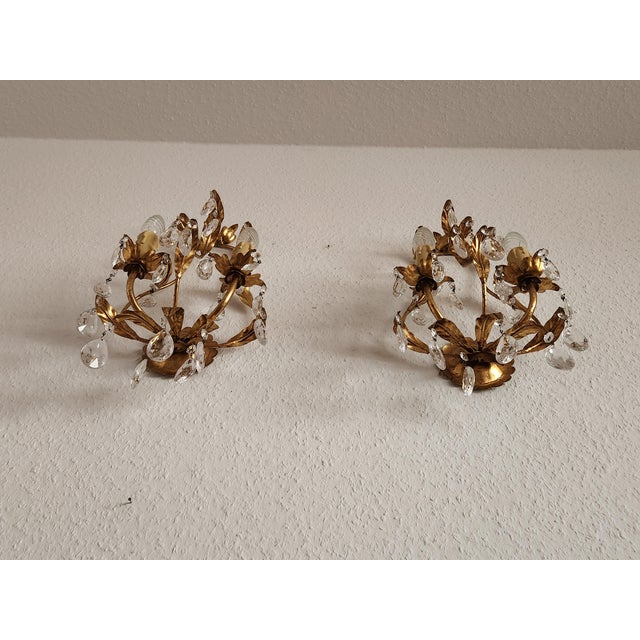 Mid-Century Regency Modern Boheme Shabby Chic Forged Gold Leaf Gilded Floral Two Light Sconce with Crystal Drops, Italy, 1950s, Set of 3 For Sale - Image 15 of 18