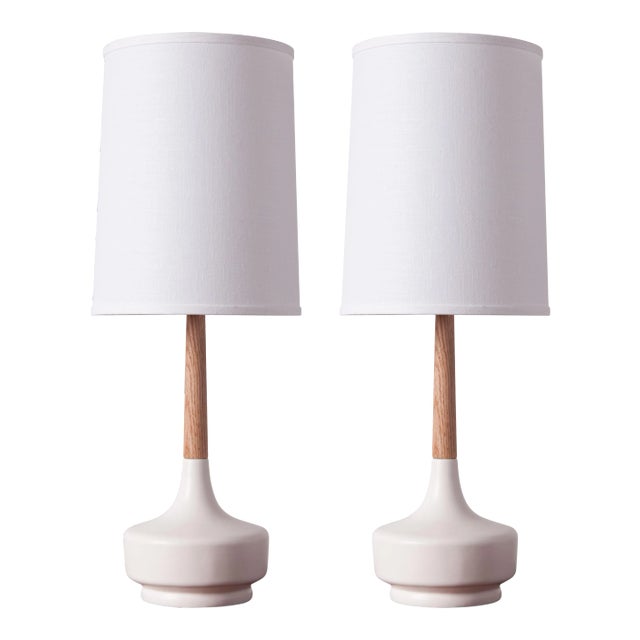 Mid-Century Table Lamp Ceramic & Oak—Brooke Palm Springs—Pair For Sale - Image 4 of 4