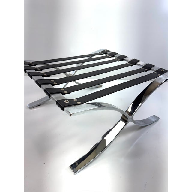 Metal Vintage Barcelona Style Ottoman in the Manner of Mies Van Der Rohe – Black Leather & Chrome For Sale - Image 7 of 10