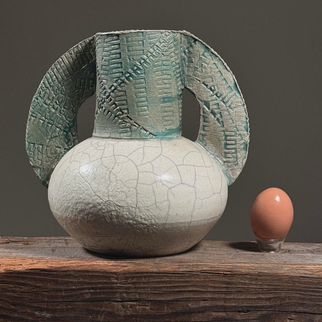 Vintage Postmodernist Double Handled Crackle Glazed Vase, Signed For Sale - Image 4 of 8