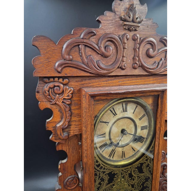 Antique New Haven "Maine Line" 8-Day Striking Stenciled Glass & Wood Case Mantel Clock For Sale - Image 17 of 18