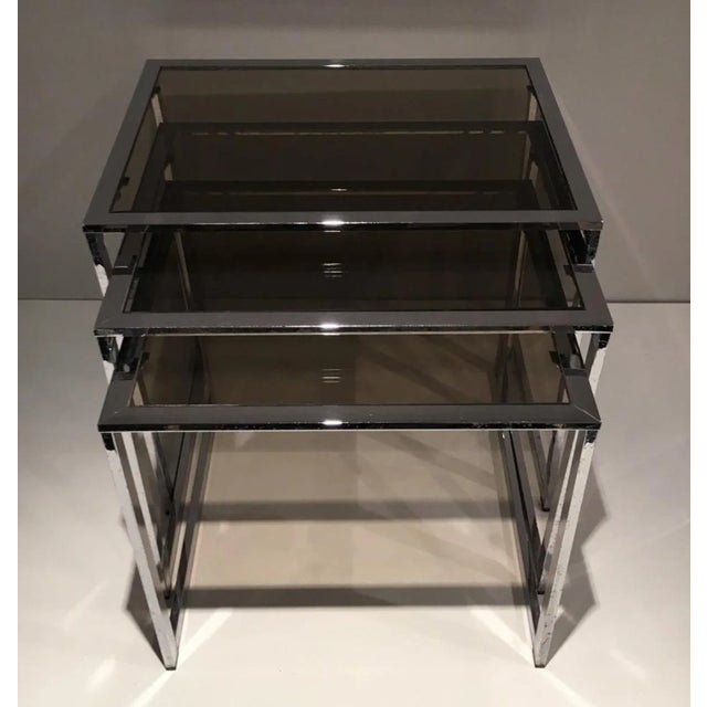 Metal Circa 1970 French Chromed Nesting Tables with Smoked Glass Shelves - Set of 3 For Sale - Image 7 of 13