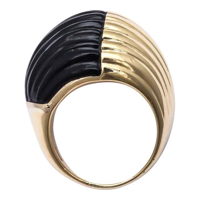 Striated Black Onyx & 18kt Yellow Gold Bisected Dome Ring For Sale
