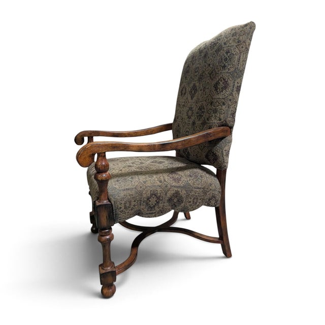 Traditional Early 20th Century Louis XIII-Style High-Back Wood Armchair With Tapestry Upholstery For Sale - Image 3 of 13
