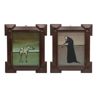 Gertrude Degenhardt, Two Fantastic Scenes, 1970, Oil on Hardboard, Set of 2 For Sale