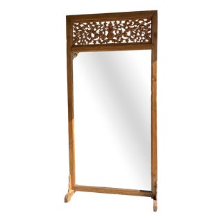 Large Freestanding Teak Mirror with Carved Openwork Pediment, Indonesia, 1980s For Sale