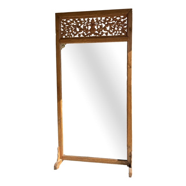 Large Freestanding Teak Mirror with Carved Openwork Pediment, Indonesia, 1980s For Sale