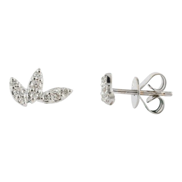 Art Deco Dainty 18k White Gold Diamond Leaf Stud Earrings, 0.157 Ct for Women- A Pair For Sale - Image 3 of 10