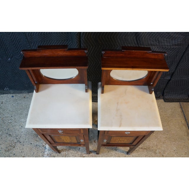 Early 20th Century 2 Antique Edwardian Mahogany Washstands Neoclassical Inlay Marble Top Mirror For Sale - Image 5 of 18