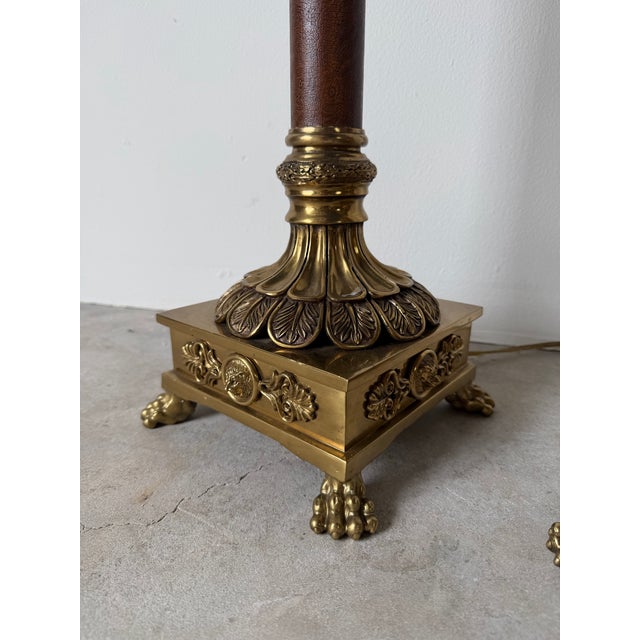 Vintage Neoclassical Style Brass & Leather Column Floor Lamps — A Pair For Sale In Miami - Image 6 of 12