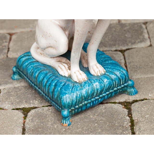 Vintage Italian Midcentury Porcelain Greyhound Dog Sitting on Blue Cushion For Sale - Image 9 of 11