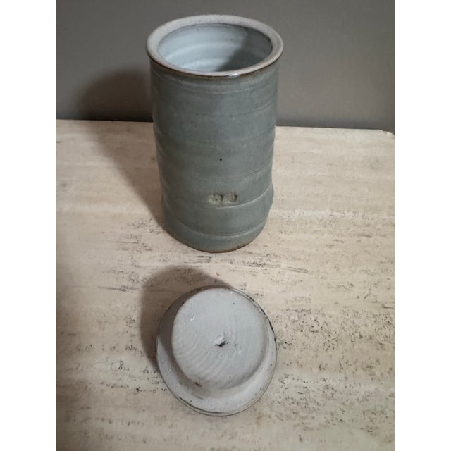 Mid 20th Century Vintage Studio Pottery Lidded Vessel Soft Blue Grey Glaze With Impressed Marks For Sale - Image 5 of 8