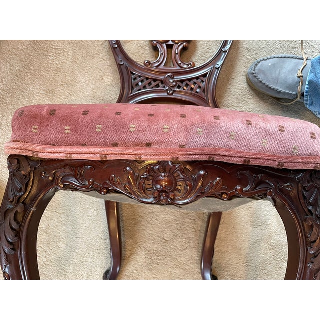Burgundy Late 19th Century Victorian Mahogany Parlor Chairs – Carved Elegance With Tapestry Charm (Pair) For Sale - Image 8 of 10