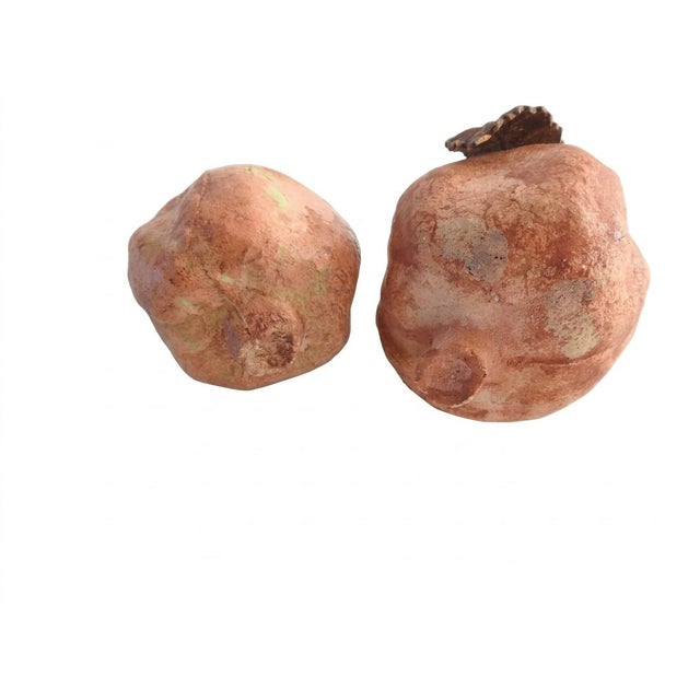 Late 20th Century Artisan Hand-Molded Terracotta Pomegranate Sculptures With Metal Foliage - Pair For Sale - Image 4 of 9