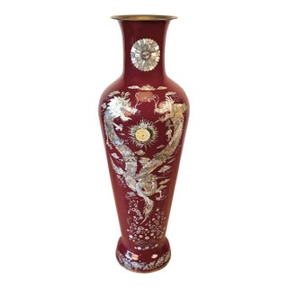 Vintage 41" Chinese Chinoiserie Red Enamel & Mother of Pearl Inlay Dragon Floor For Sale