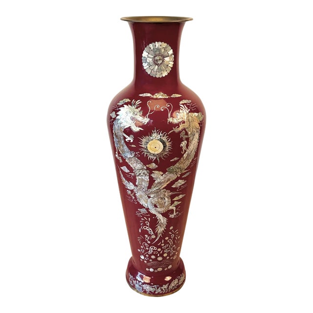 Vintage 41" Chinese Chinoiserie Red Enamel & Mother of Pearl Inlay Dragon Floor For Sale